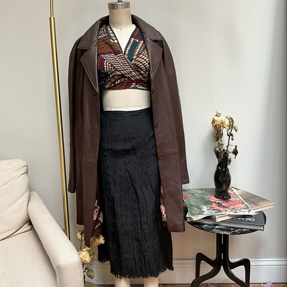 Vintage Jackets & Blazers - 90s brown leather grid pattern plus size midi leather coat